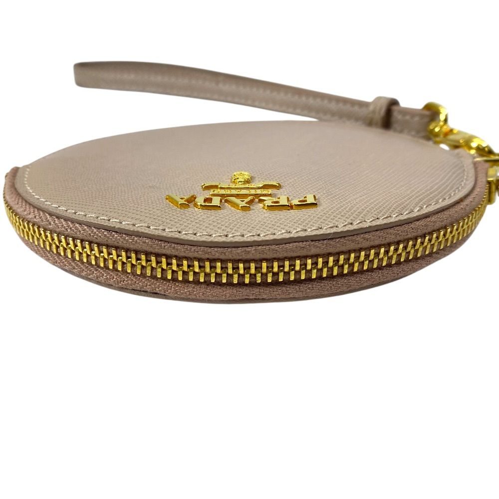 Prada Coin Case Wallet Purse Pouch Circle Saffiano Leather Beige Gold Everyday — view 5