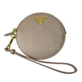 Prada Coin Case Wallet Purse Pouch Circle Saffiano Leather Beige Gold Everyday