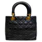 Dior Lady Cannage Handbag Gold Lambskin Leather Black Feminine