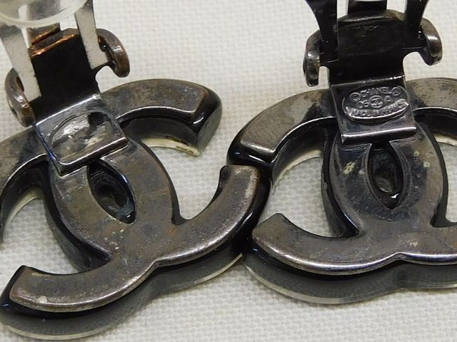 Chanel Earrings CC Logo Black Blue Stone One Year Plate Removed — view 3