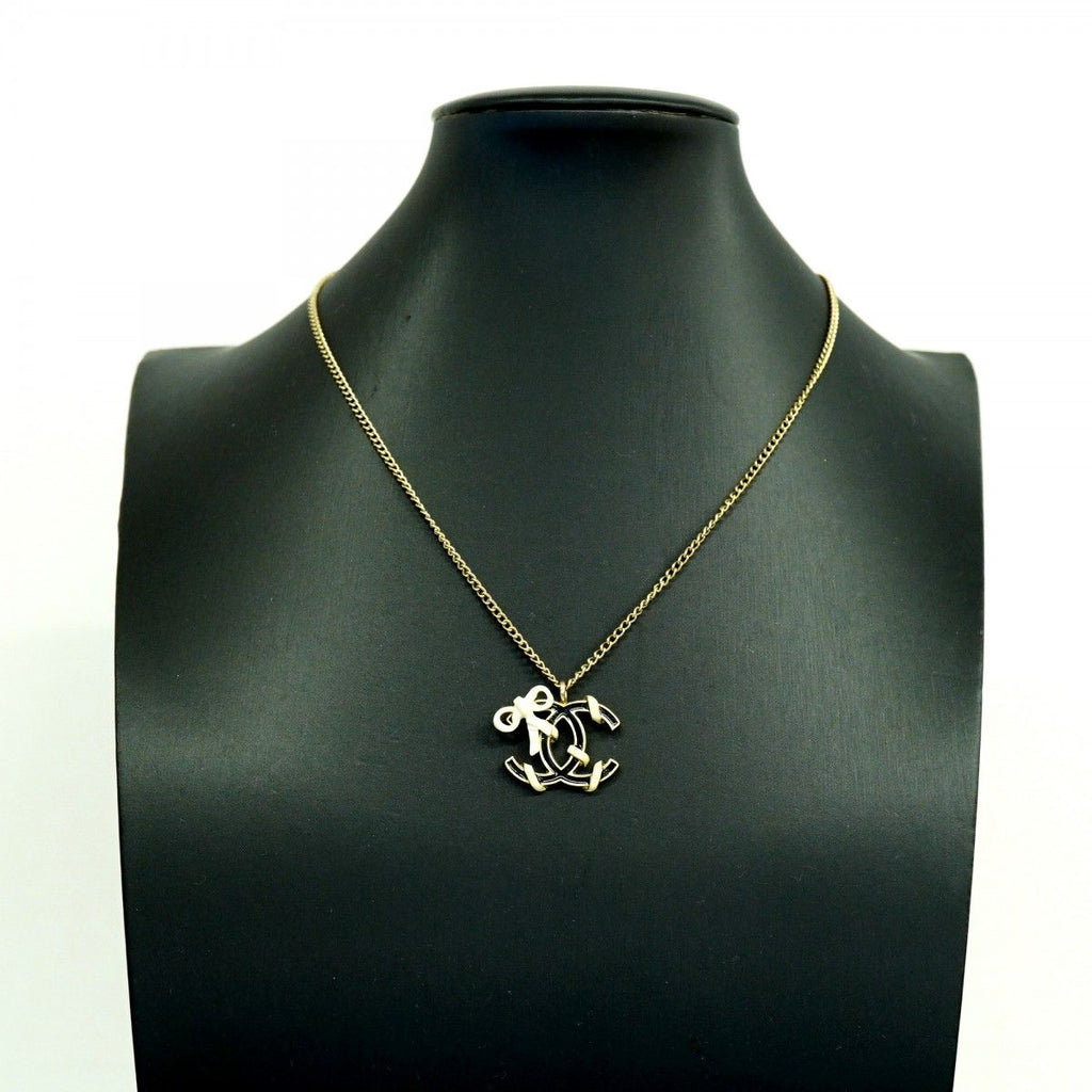 Chanel Necklace CC Logo Ribbon Motif Gold Plated Champagne White Black Cles — view 6