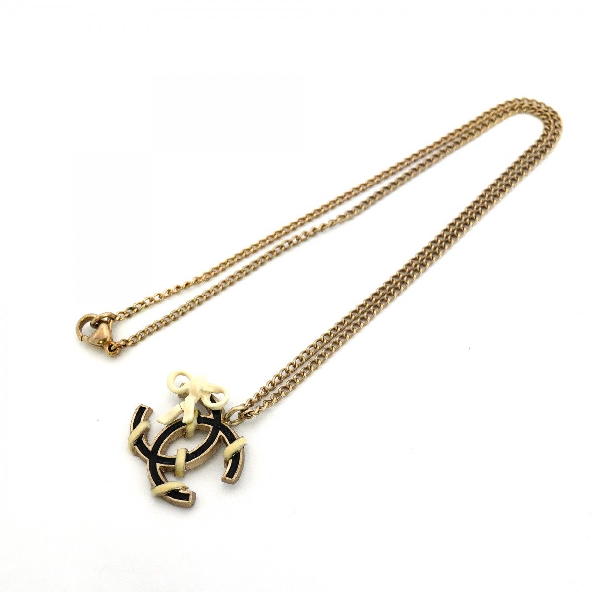 Chanel Necklace CC Logo Ribbon Motif Gold Plated Champagne White Black Cles — view 3