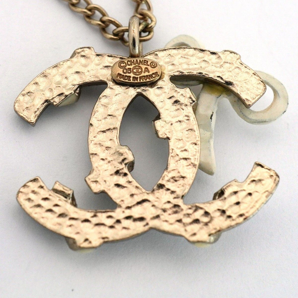 Chanel Necklace CC Logo Ribbon Motif Gold Plated Champagne White Black Cles — view 5