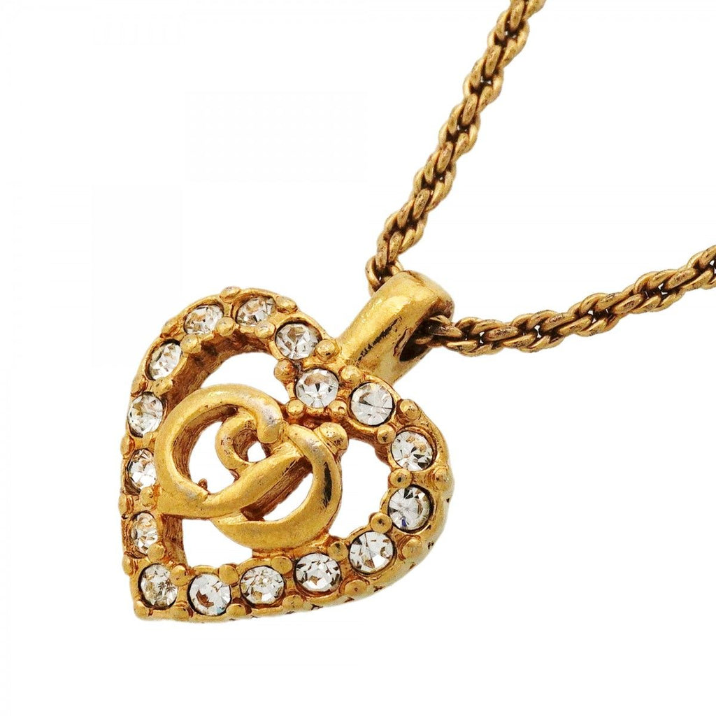 Dior Necklace CD Logo Heart Motif Gold Plated Rhinestone