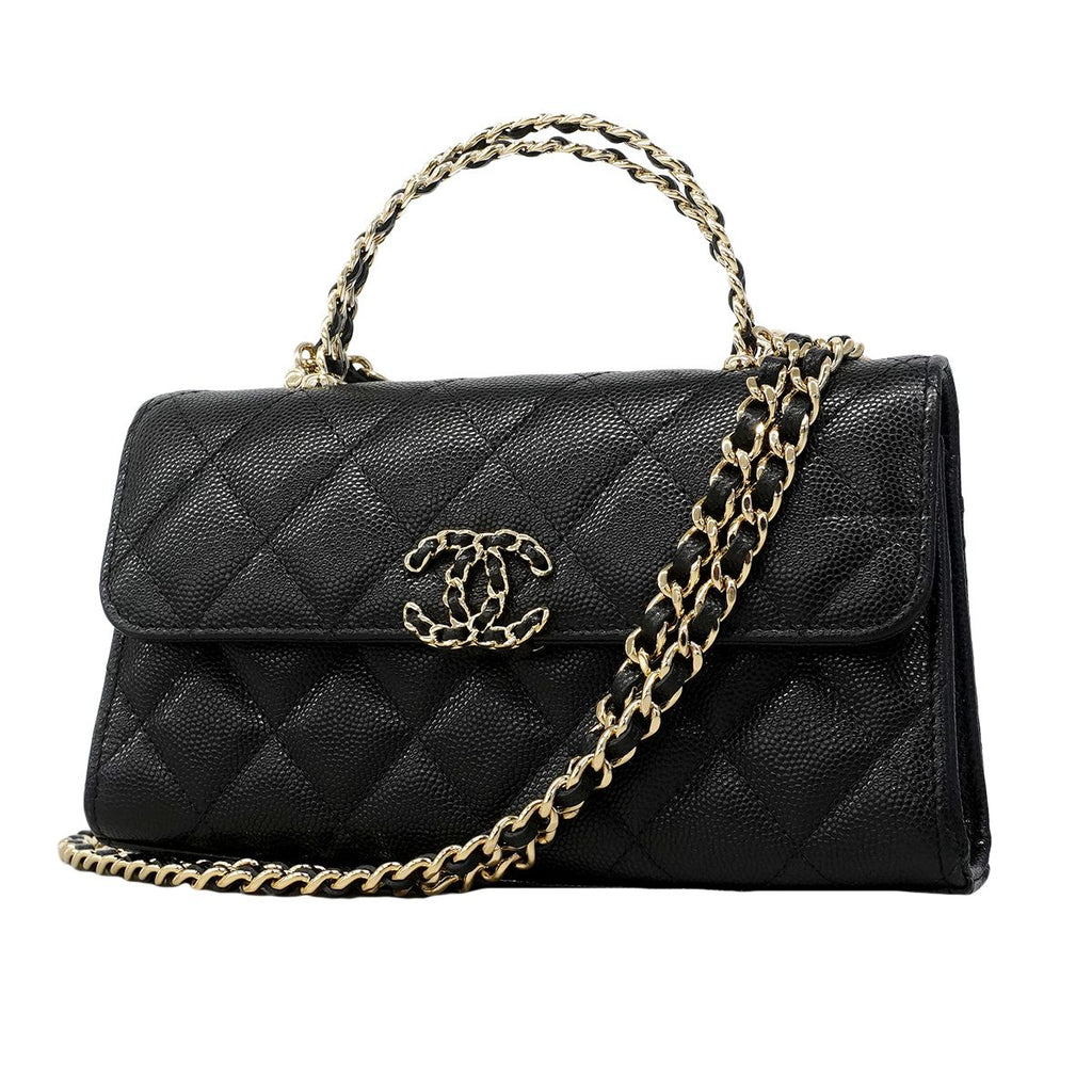 Chanel Handbag Quilted Caviar Leather Black Champagne Gold 2-Way