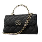 Chanel Handbag Quilted Caviar Leather Black Champagne Gold 2-Way