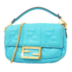 Fendi Handbag FF Embossed Leather Light Blue Gold 2-Way