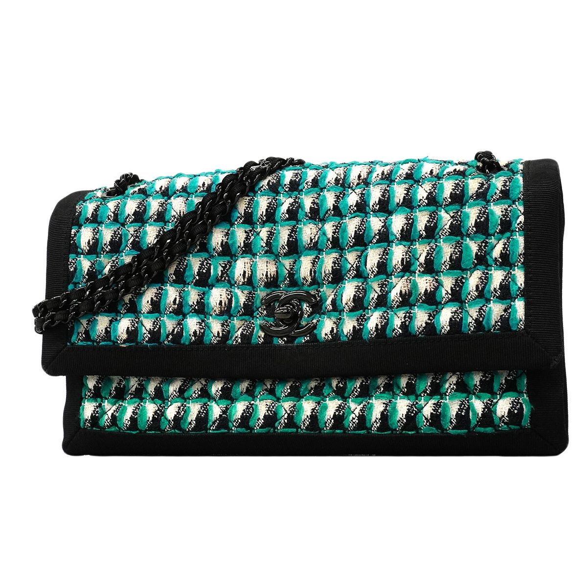 Chanel Shoulder Bag Nylon Tweed Black Peacock Blue