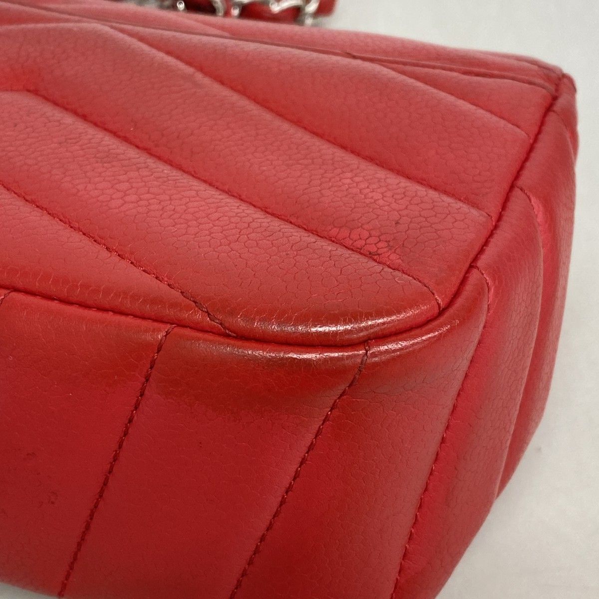 Chanel Shoulder Bag Stitch Chez Blanc Caviar Leather Red Silver — view 6