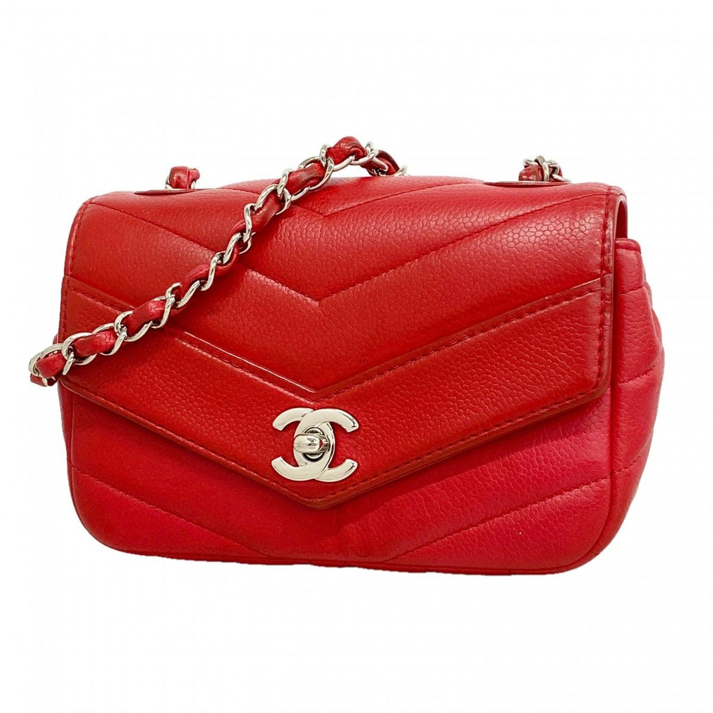 Chanel Shoulder Bag Stitch Chez Blanc Caviar Leather Red Silver