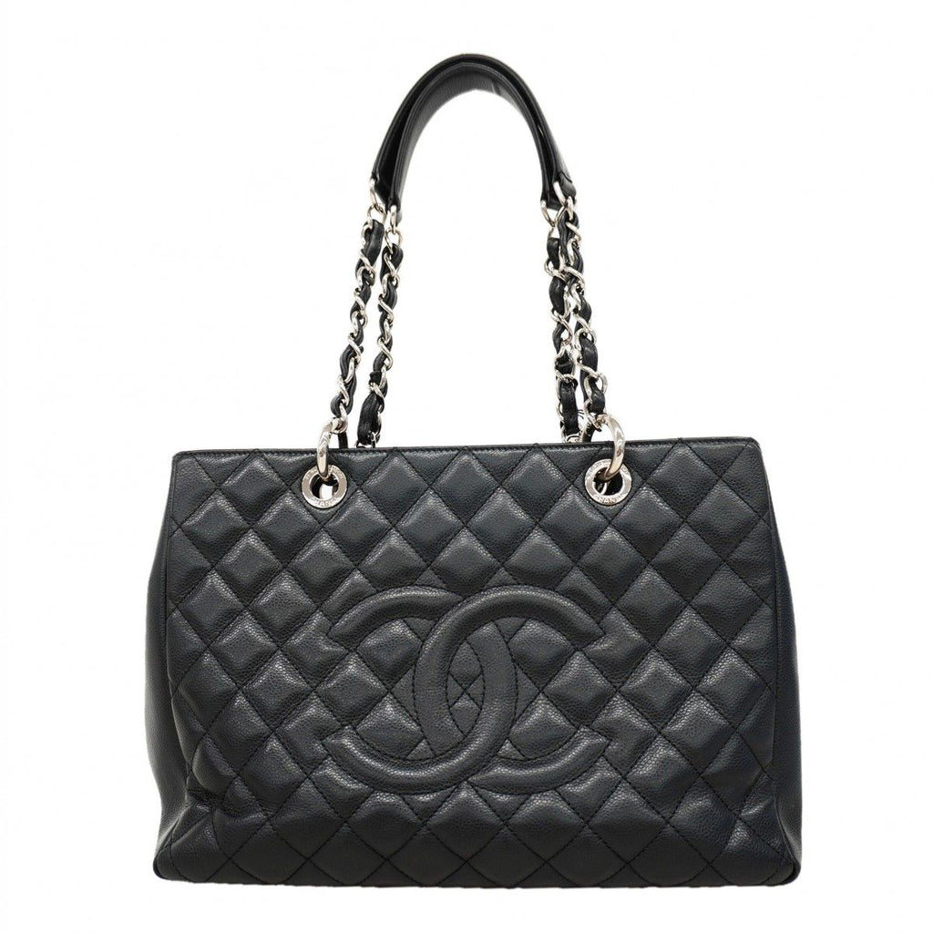 Chanel Chain Tote Quilted Caviar Leather Black Silver