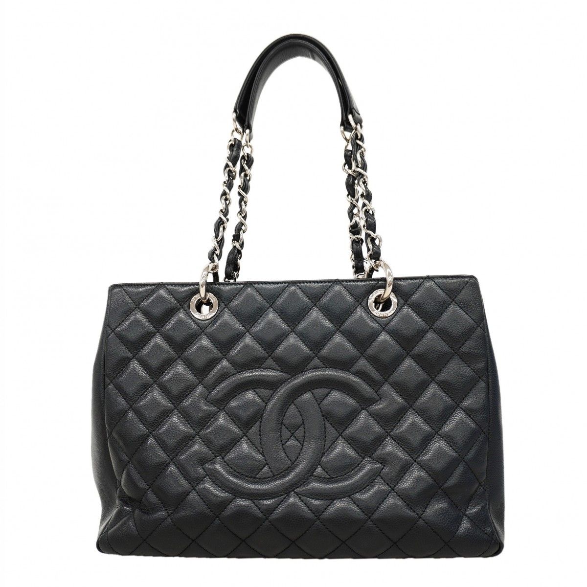 Chanel Chain Tote Quilted Caviar Leather Black Silver