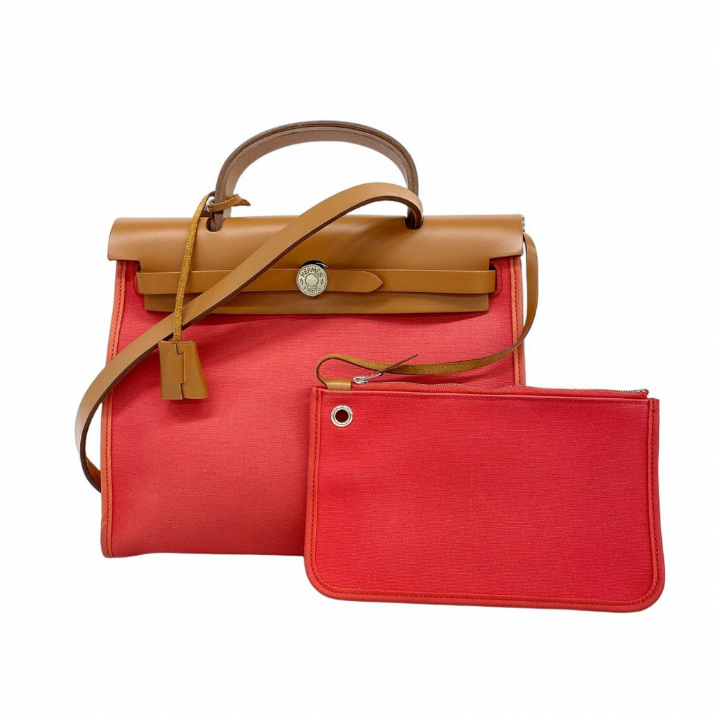 Hermes Handbag Herbag Zip PM Toile Officier Pink Natural Silver 2-Way