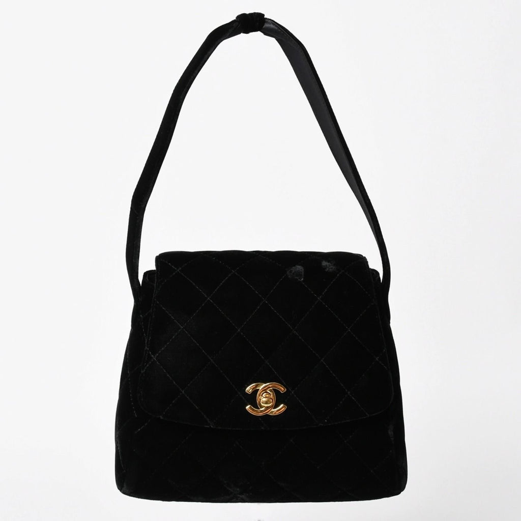 Chanel Bag CC Logo Velvet Quilted Turnlock Black Gold