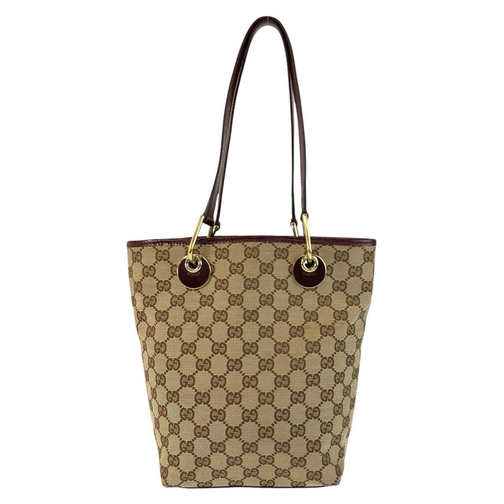 Gucci Beige Winered Gold GG Canvas Leather Tote Shoulder