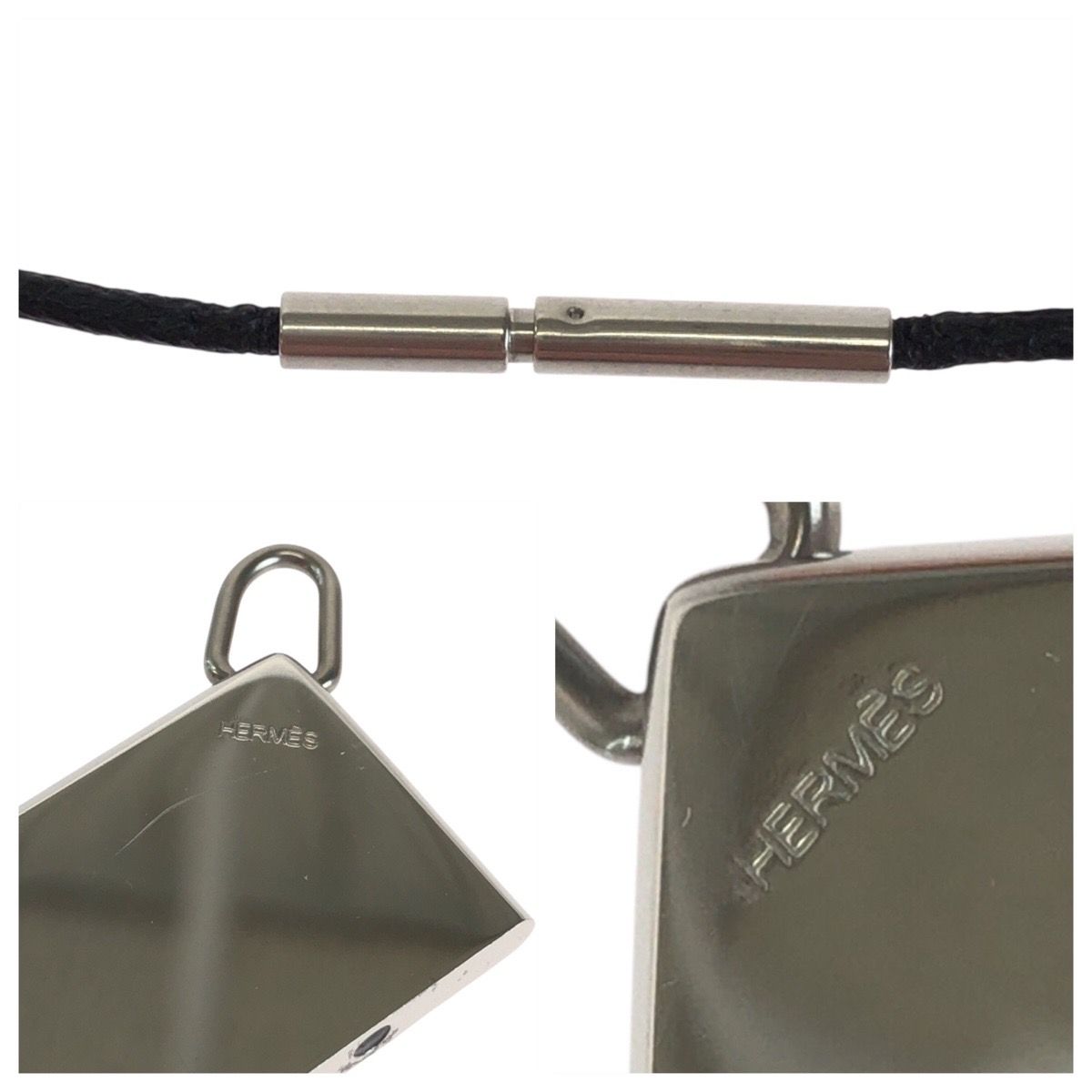 Hermes Symbol Silver Black Metal Leather Necklace — view 4