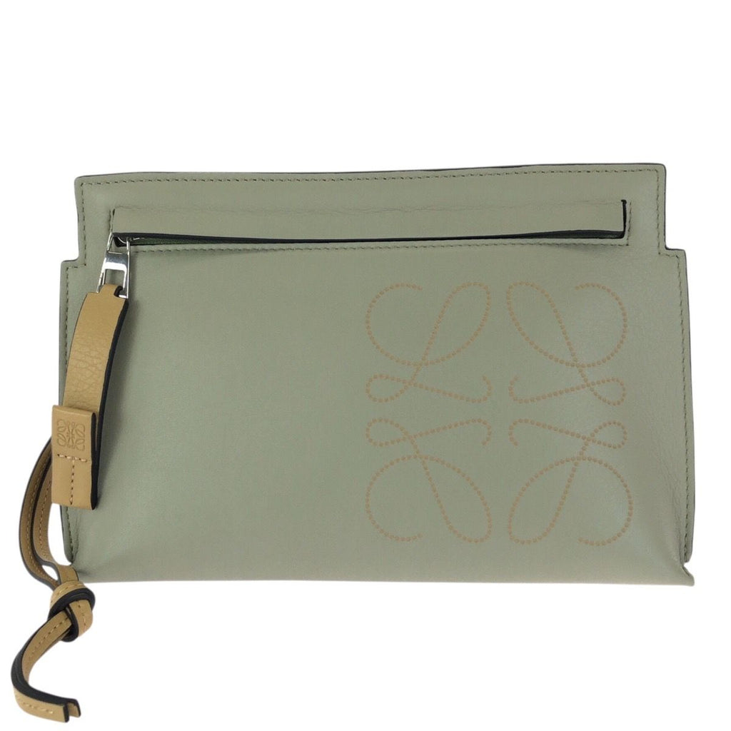 Loewe Anagram Mini T Pouch Green Beige Silver Leather Clutch