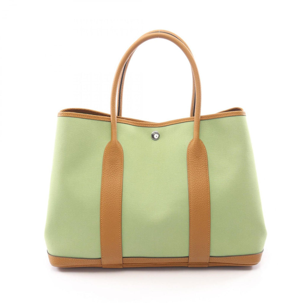Hermes Tote Garden Party PM Vert Cricket Ocher Leather Canvas