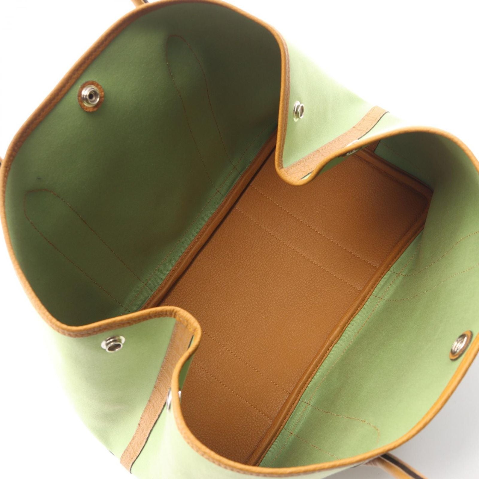 Hermes Tote Garden Party PM Vert Cricket Ocher Leather Canvas — view 3