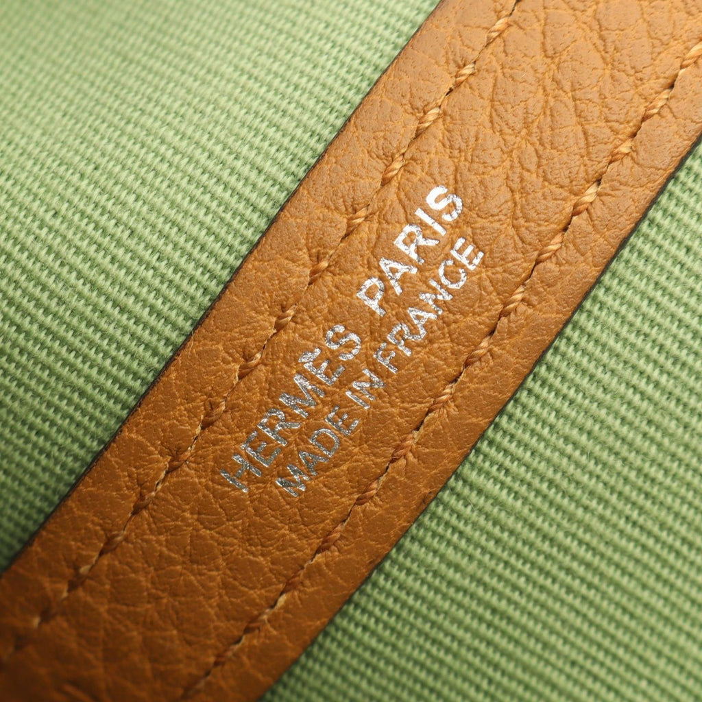 Hermes Tote Garden Party PM Vert Cricket Ocher Leather Canvas — view 4