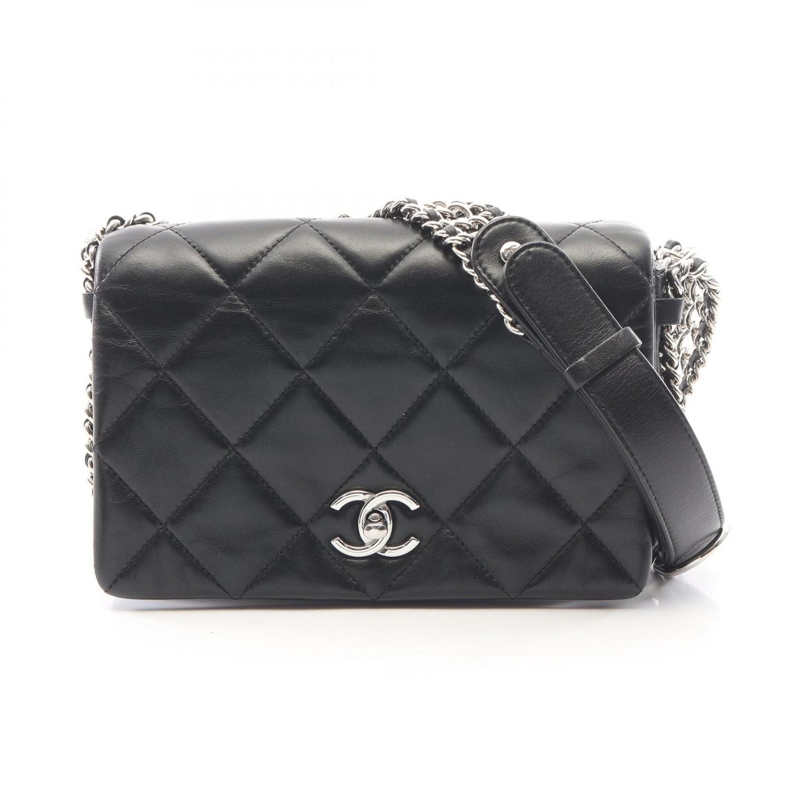 Chanel Shoulder Bag Quilted Black Lambskin Full Flap Chain