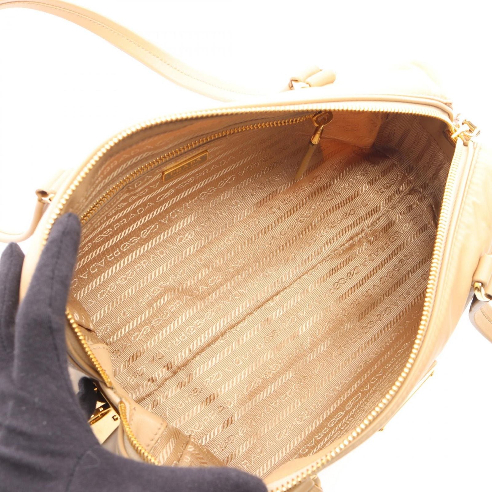Prada Shoulder Bag Re-Nylon Top Handle Beige Nylon Leather Padlock — view 3