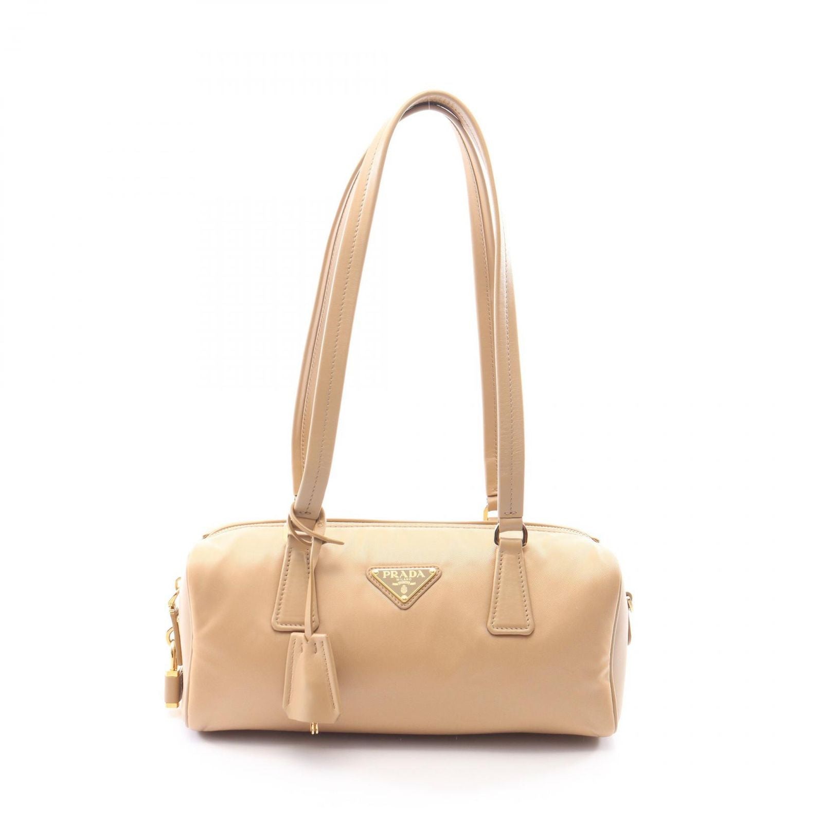 Prada Shoulder Bag Re-Nylon Top Handle Beige Nylon Leather Padlock