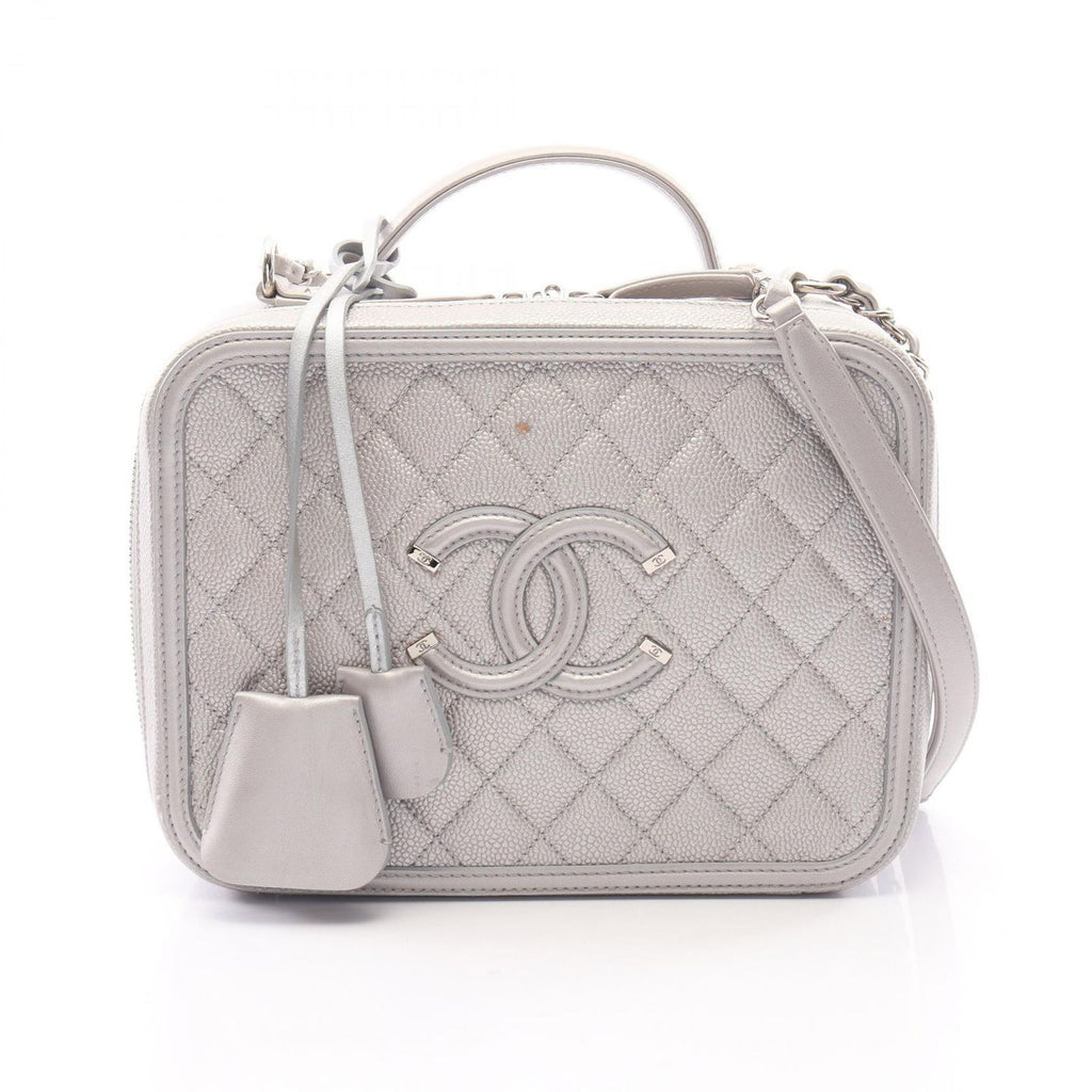 Chanel Shoulder Bag CC Filigree Quilted Vanity Silver Caviar Leather CC 2-Way