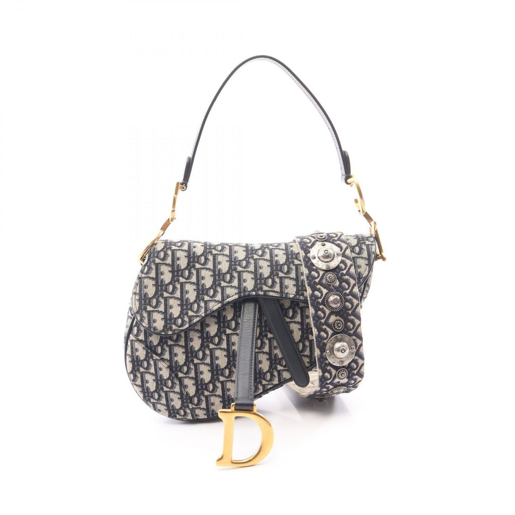 Dior Saddle Bag Oblique Jacquard 2-Way Navy Canvas Leather