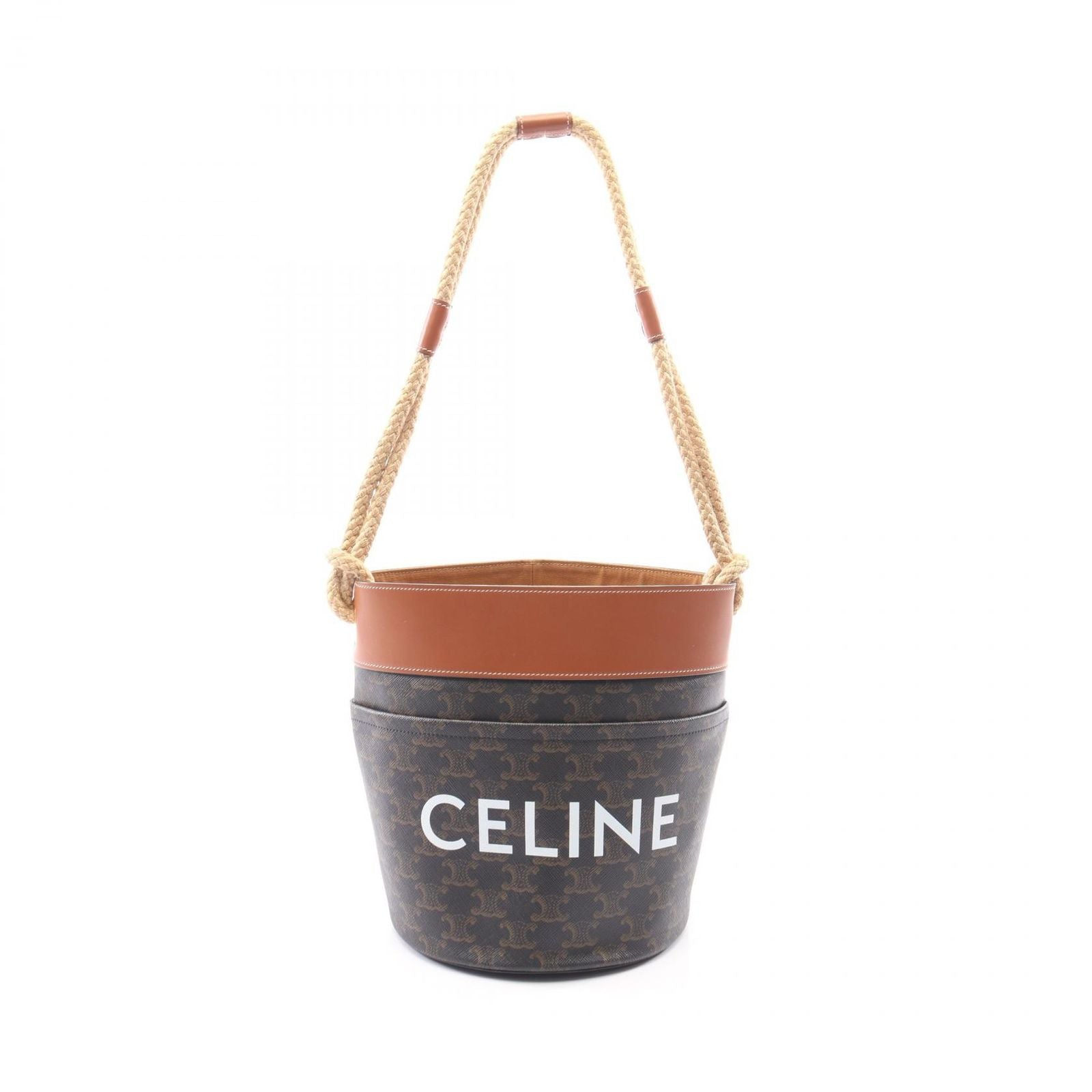 Celine Shoulder Bag Triomphe Black Brown Natural Canvas Leather