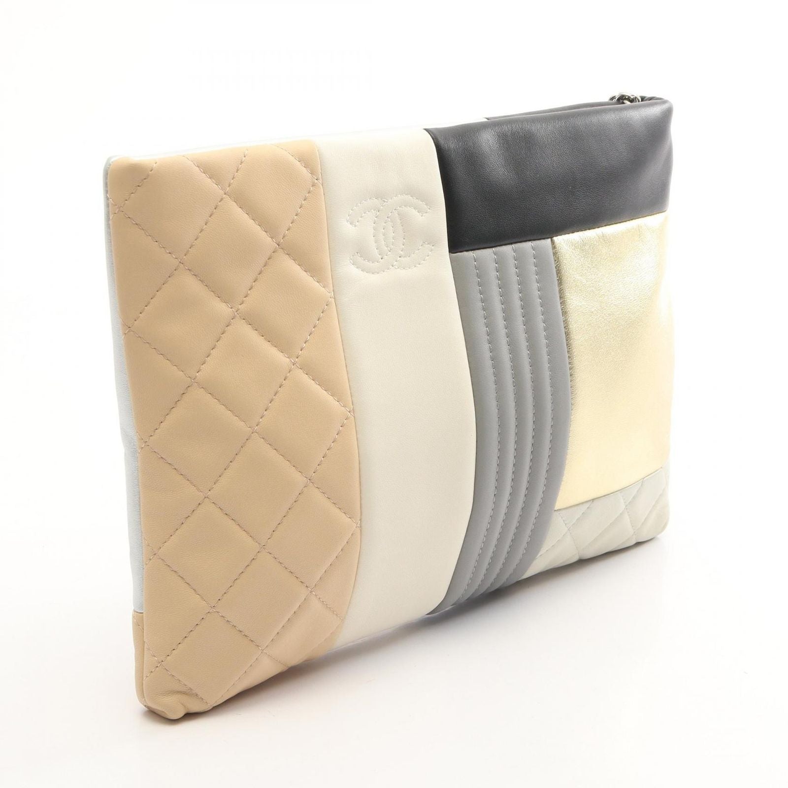 Chanel Clutch CC Logo Patchwork Black Beige Silver Lambskin — view 2