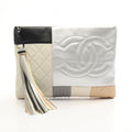 Chanel Clutch CC Logo Patchwork Black Beige Silver Lambskin