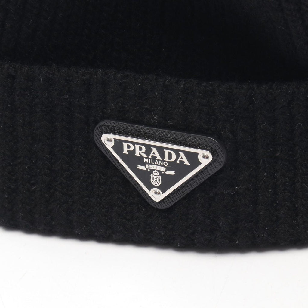 Prada Knit Cap Triangle Logo Black Wool Beanie — view 6