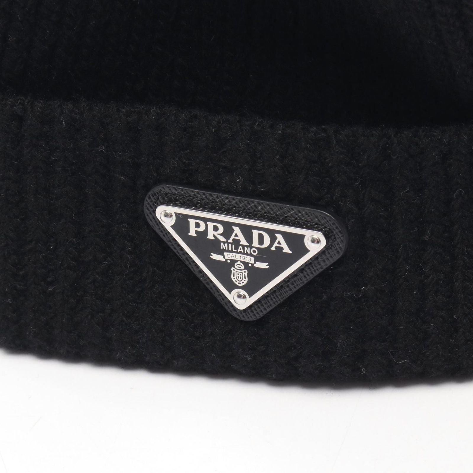 Prada Knit Cap Triangle Logo Black Wool Beanie — view 6