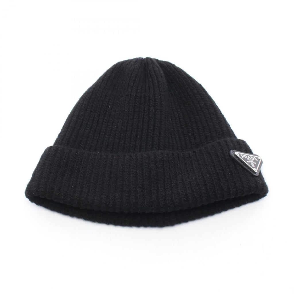 Prada Knit Cap Triangle Logo Black Wool Beanie