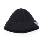 Prada Knit Cap Triangle Logo Black Wool Beanie