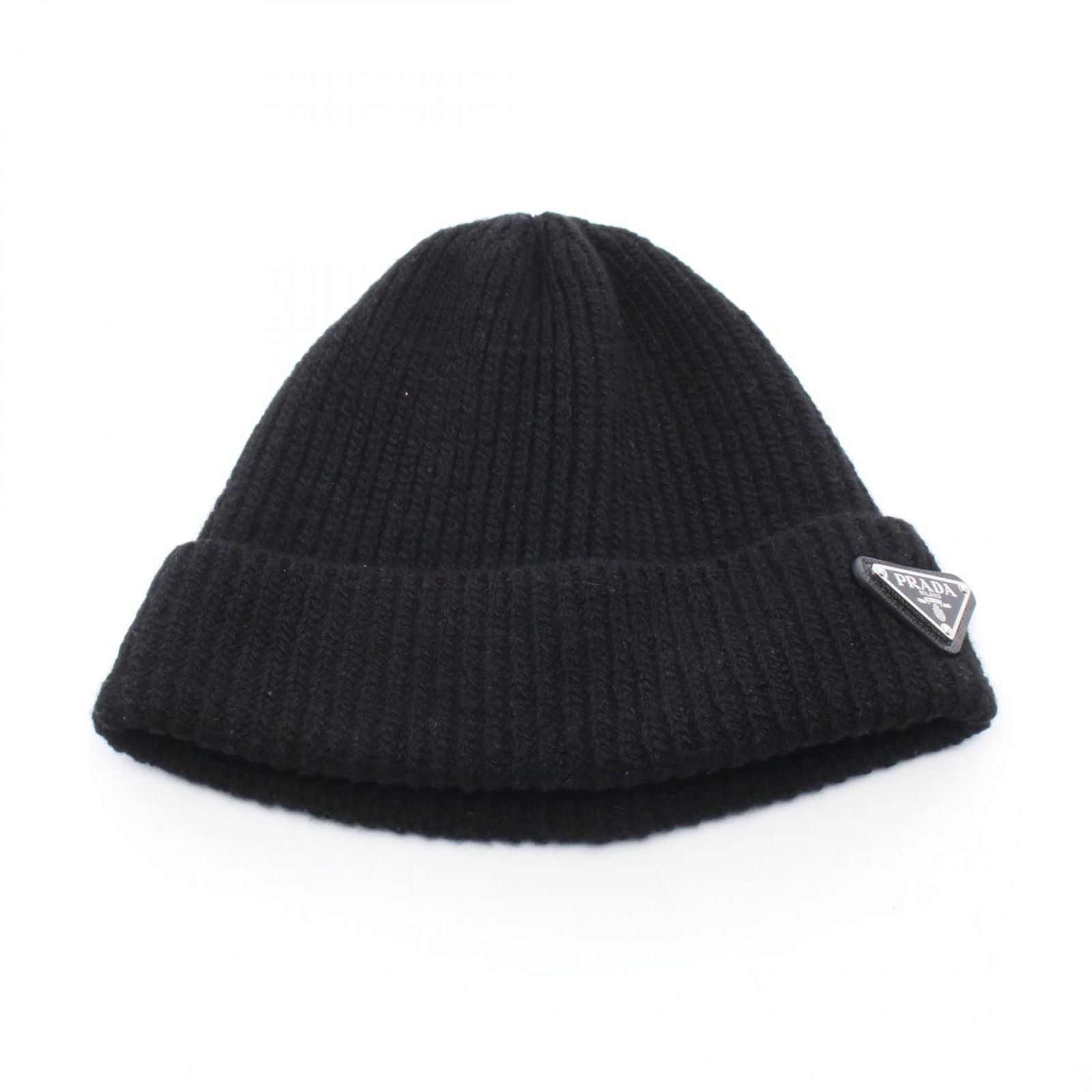 Prada Knit Cap Triangle Logo Black Wool Beanie