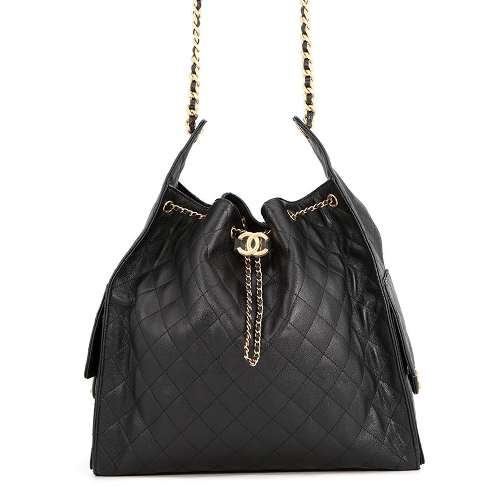 Chanel Chain Shoulder Bag 25 Large CC Logo Quilted Caviar Leather Black