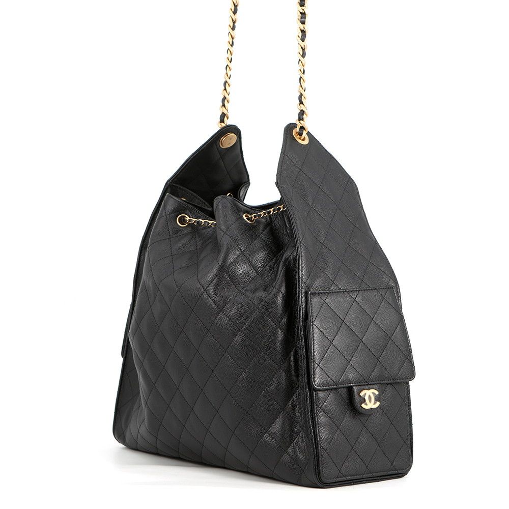 Chanel Chain Shoulder Bag 25 Large CC Logo Quilted Caviar Leather Black — view 2