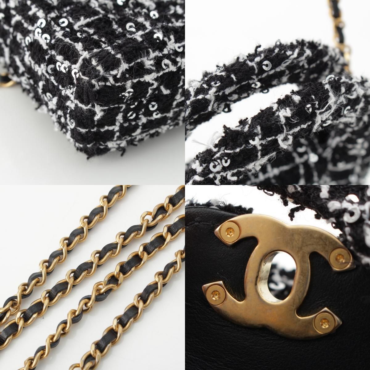 Chanel Tweed Sequin Mini Shopping Coco Handle Chain Shoulder Bag Black White — view 9