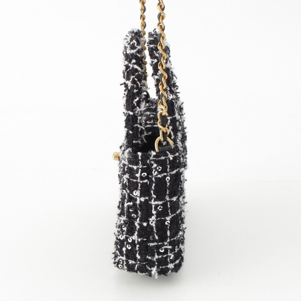 Chanel Tweed Sequin Mini Shopping Coco Handle Chain Shoulder Bag Black White — view 3