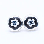 Chanel CC Logo Button Earrings 04 Camellia Clear Black White Resin