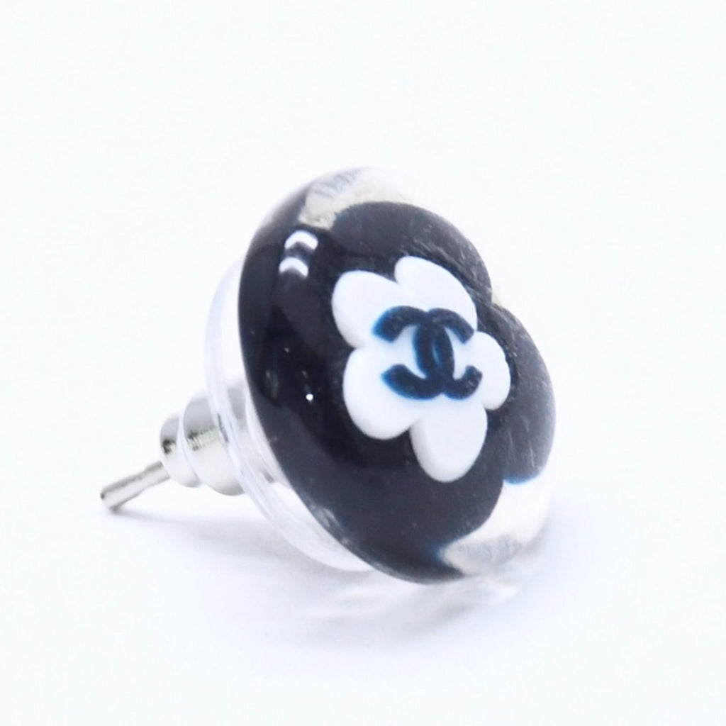 Chanel CC Logo Button Earrings 04 Camellia Clear Black White Resin — view 3