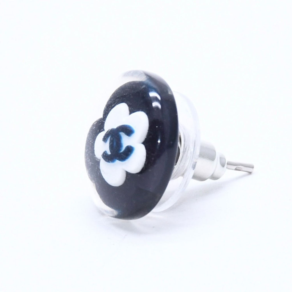 Chanel CC Logo Button Earrings 04 Camellia Clear Black White Resin — view 2