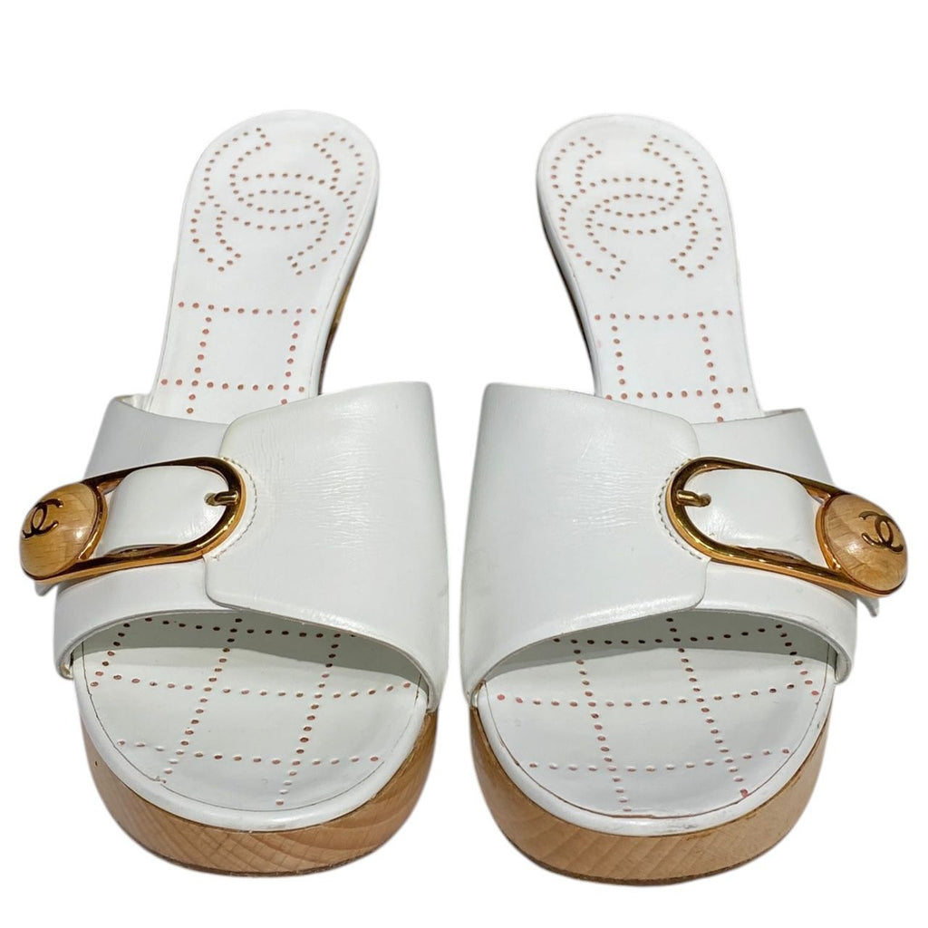 Chanel Sandals Leather Wood Heels White — view 7