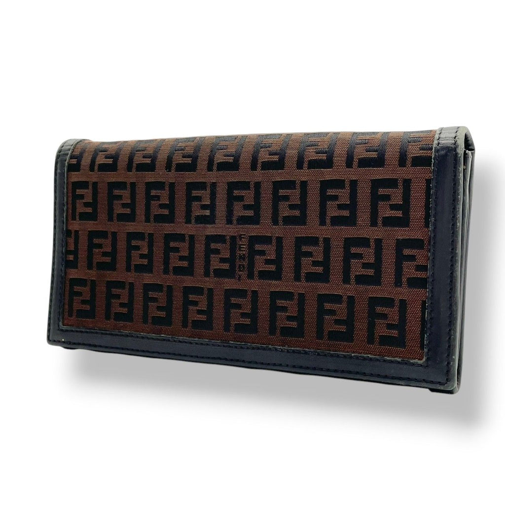 Fendi Wallet Zucca Pattern Bifold Brown Black Canvas Leather FF Logo Vintage