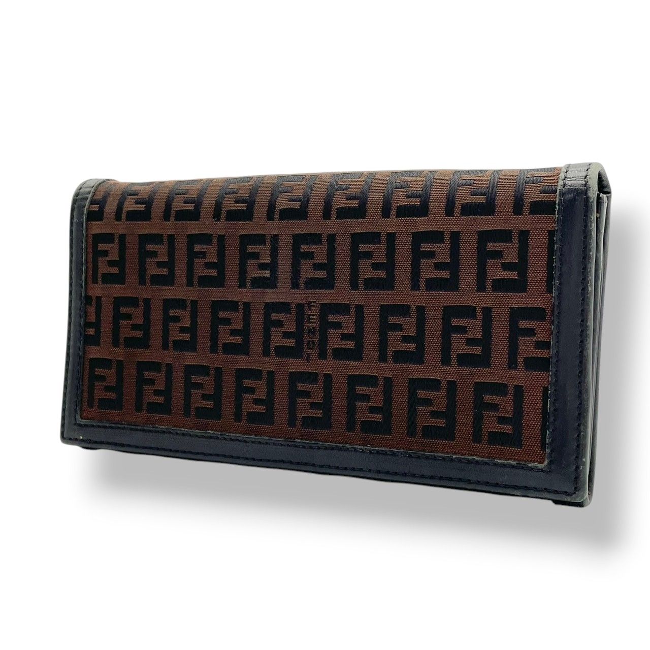 Fendi Wallet Zucca Pattern Bifold Brown Black Canvas Leather FF Logo Vintage