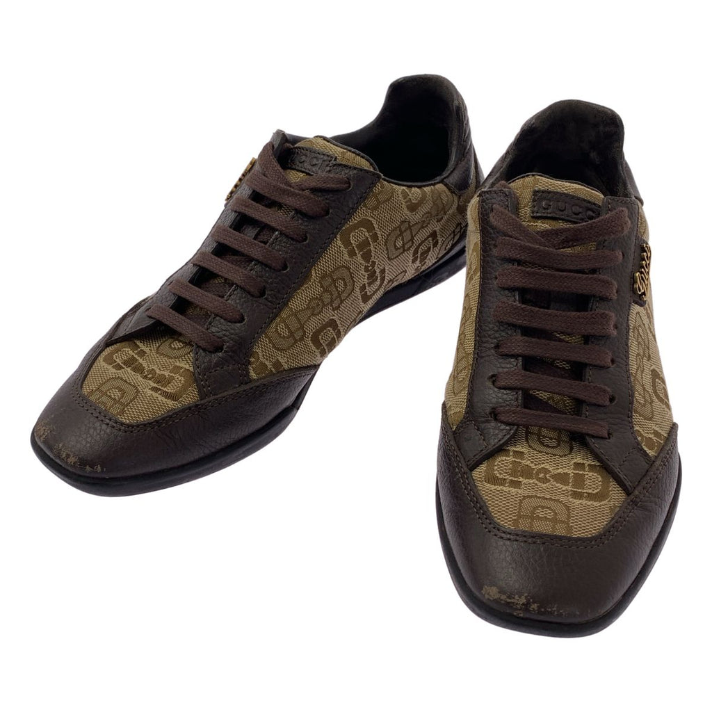 Gucci Leather Trim Logo Sneakers 34.5 Brown