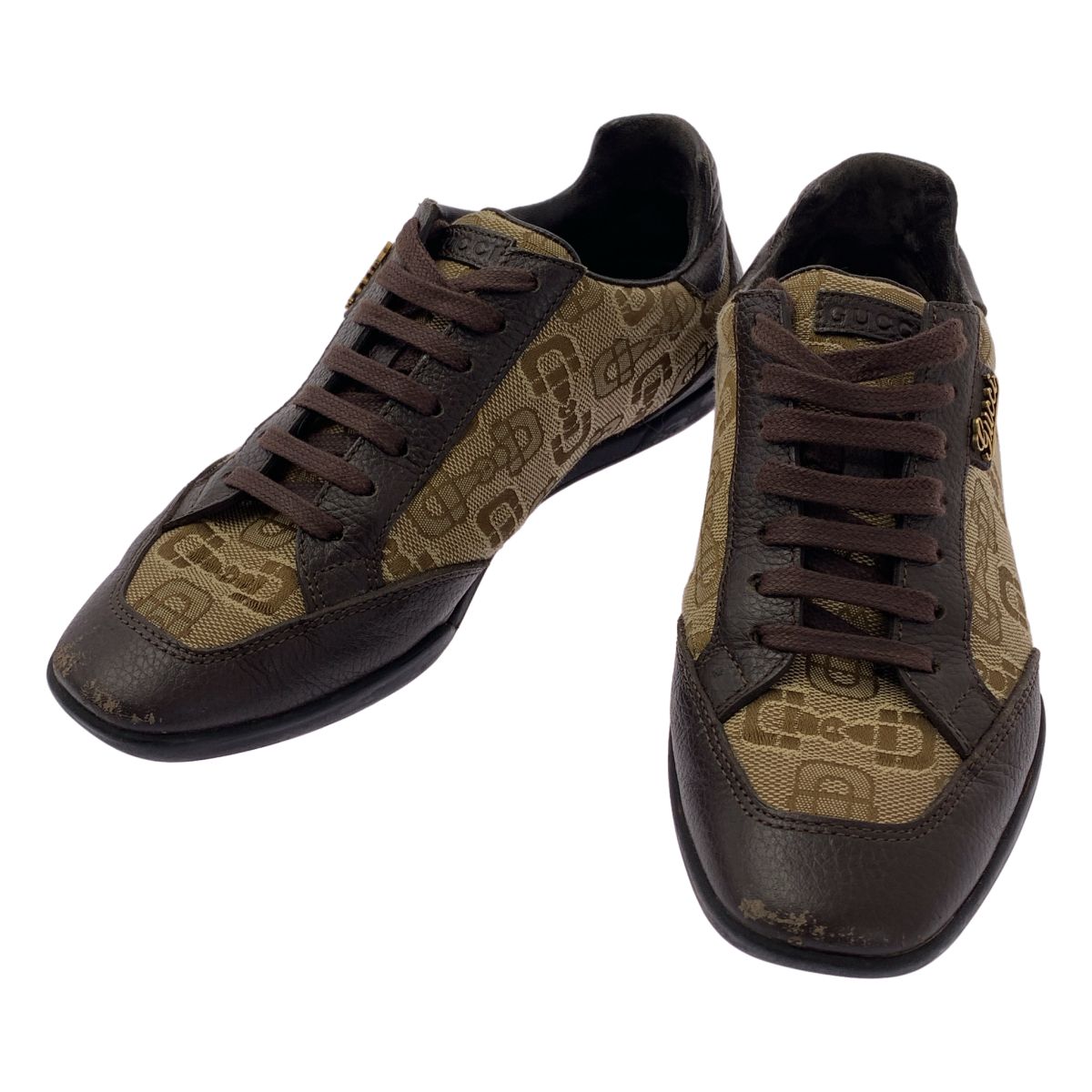 Gucci Leather Trim Logo Sneakers 34.5 Brown