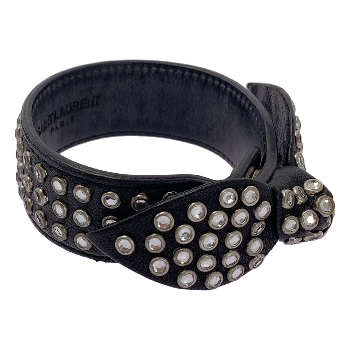 Saint Laurent Paris by Hedi Slimane Ribbon Studded Leather Bracelet Black Silver — view 3